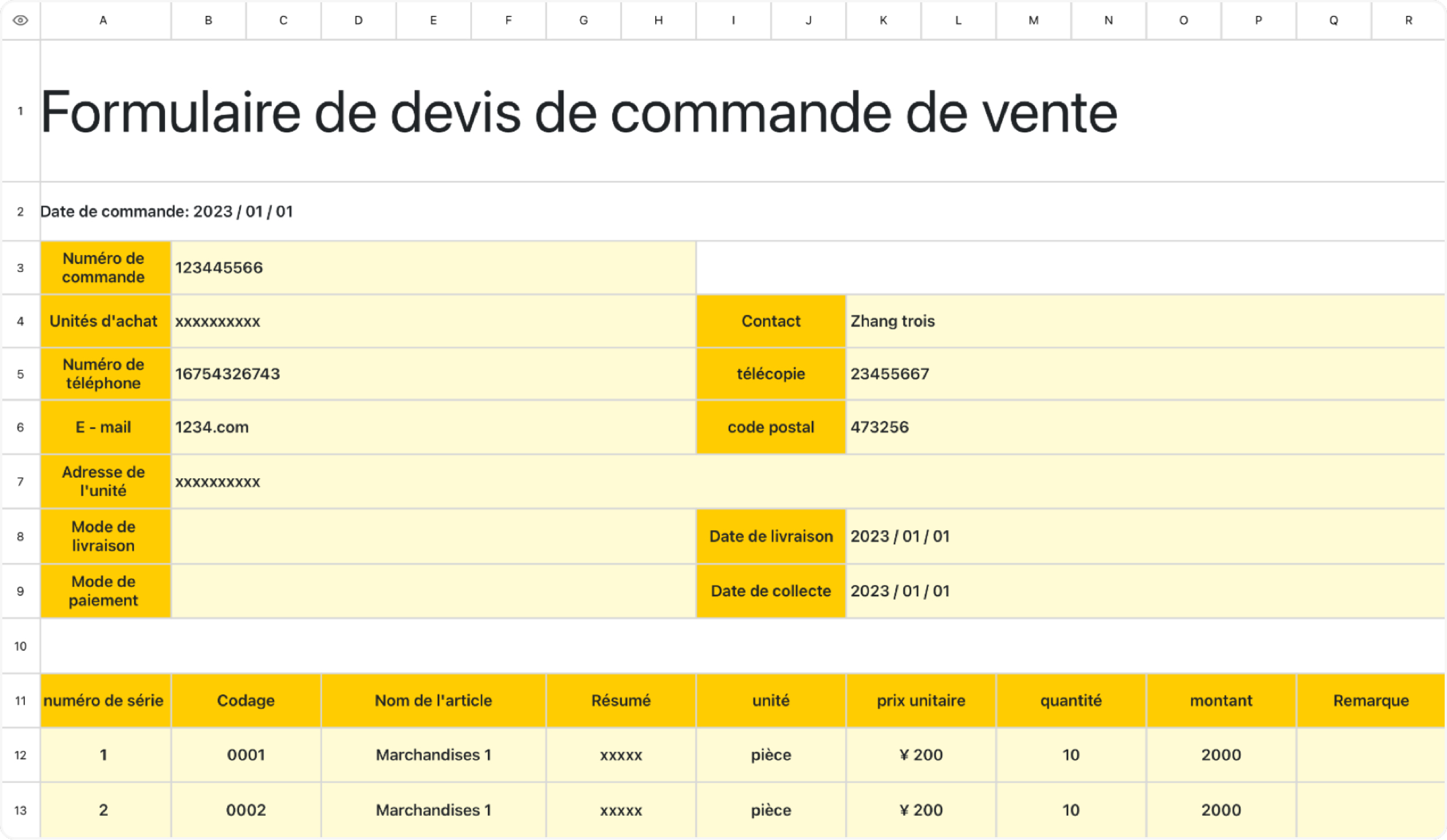 Formulaire de devis de commande de vente